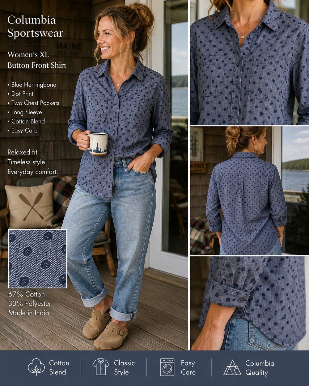 Columbia Womens Sz XL Blue Herringbone Dot Chambray Shirt Button Down Workwear